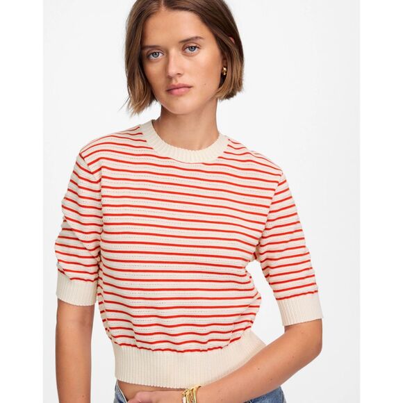 NWT Madewell Women's Textural-Stitch Cotton Sweater in Bright Flame Stripe Sz XS - Picture 2 of 15
